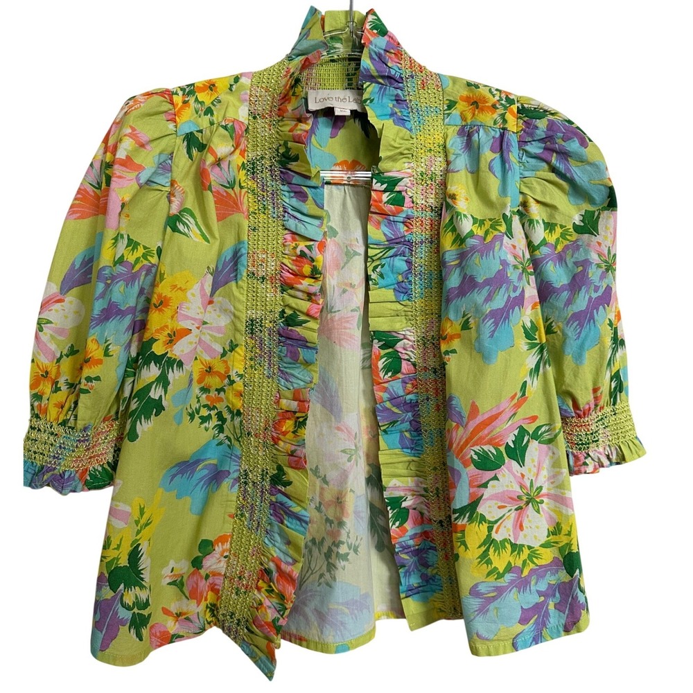 Love the Label Floral Ruffle Smocked Open Front Cardigan Top XS